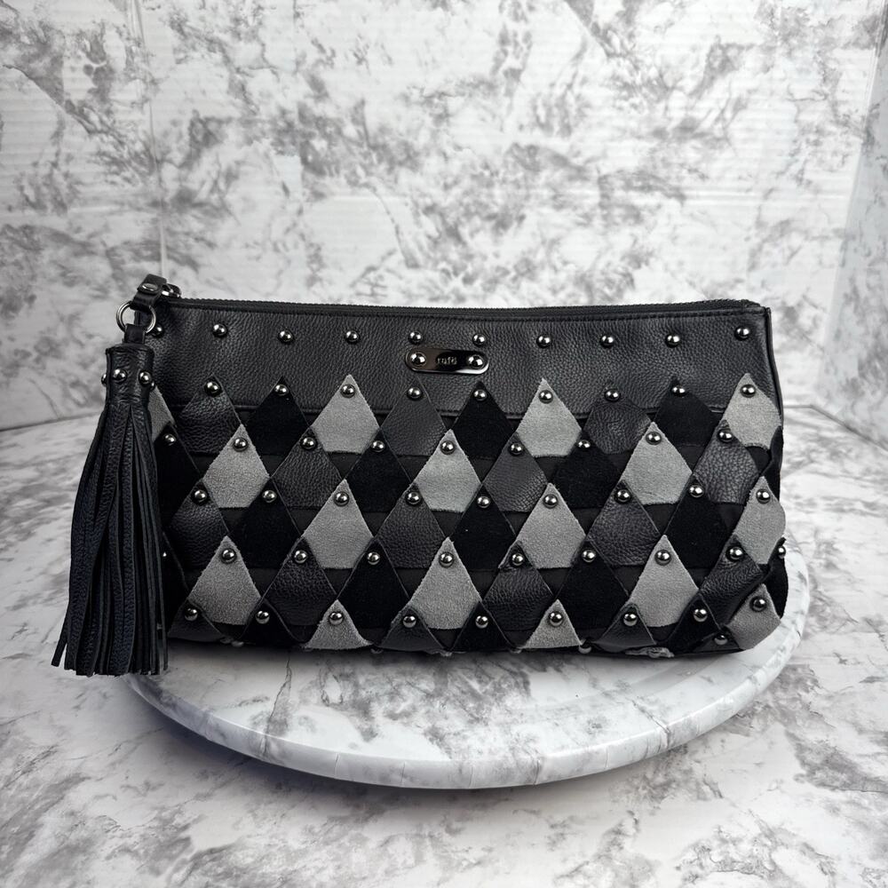 Rafe New York Zip Top Clutch Patchwork Scales Studded Black Gray Leather‎ Tassel